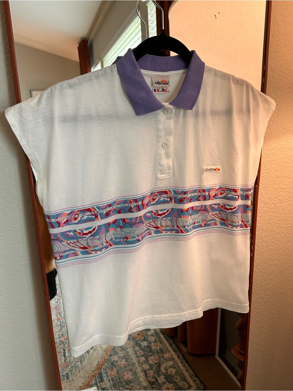 Vintage Ellesse Polo Shirt - Womens 6W Cap Sleeve Geometric Stripe 100% Cotton